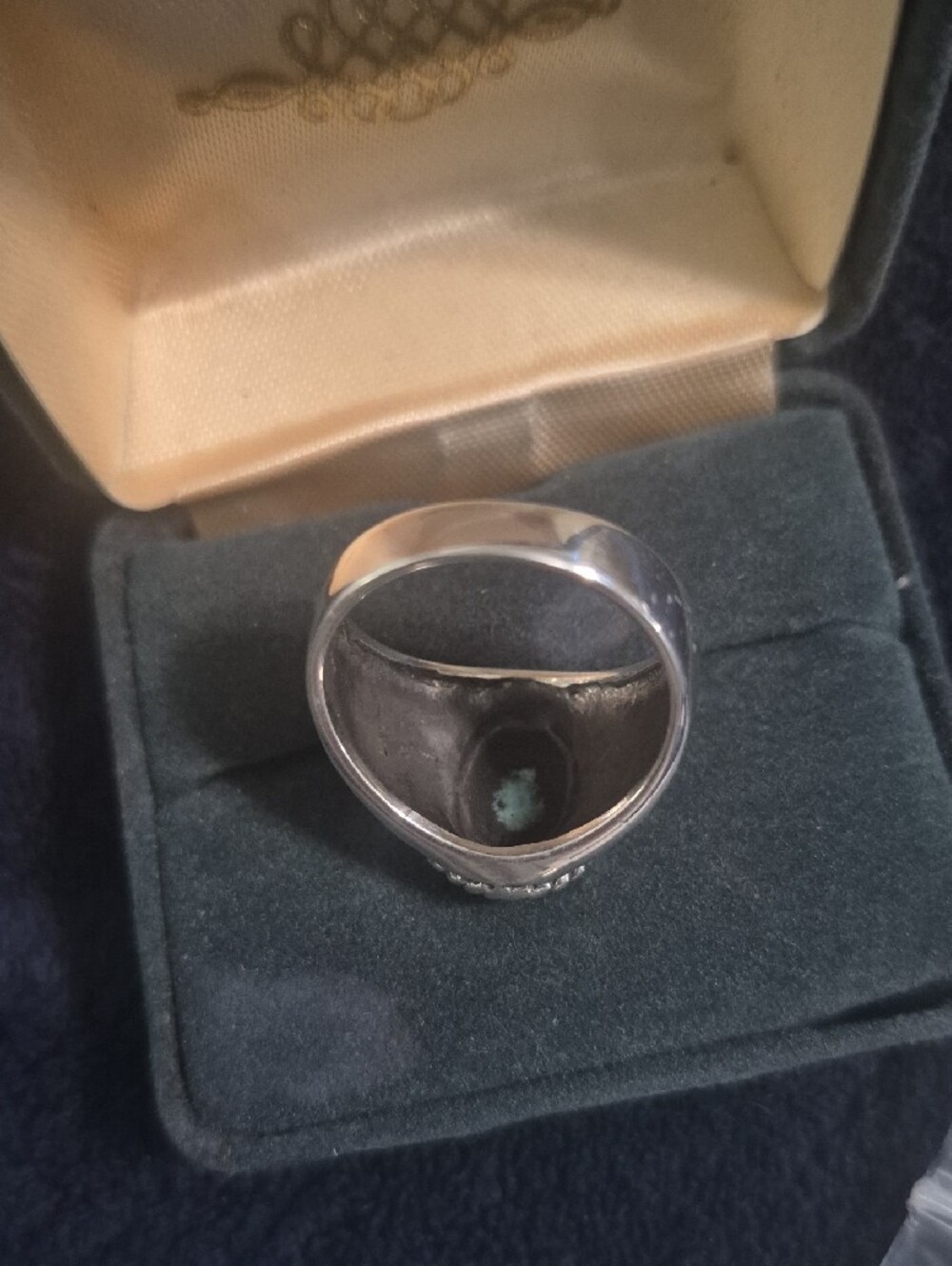 Turquoise Stone Men's Silver Ring - Blue Green Oval Cabochon - Picture 5 of 11